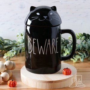Rae Dunn BEWARE Halloween Mug with Cat Topper